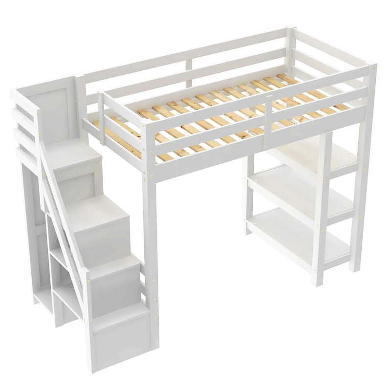 Letto a soppalco singolo con mensole, scala contenitore, piccolo armadio e luce LED bianca, bianco