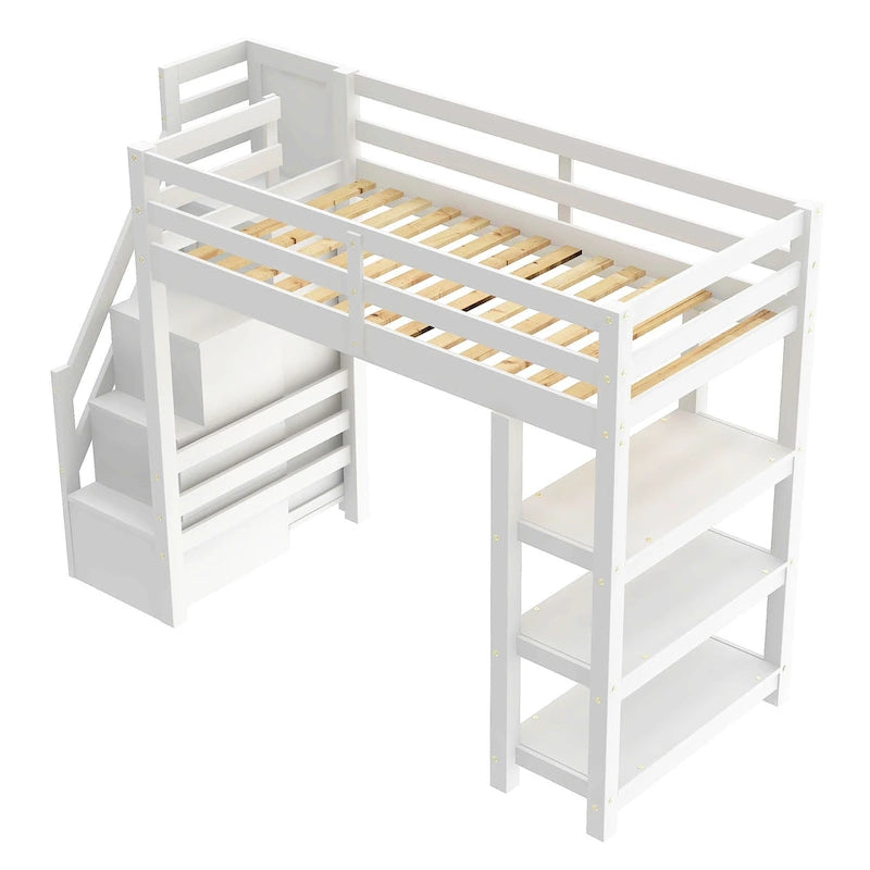 Letto a soppalco singolo con mensole, scala contenitore, piccolo armadio e luce LED bianca, bianco
