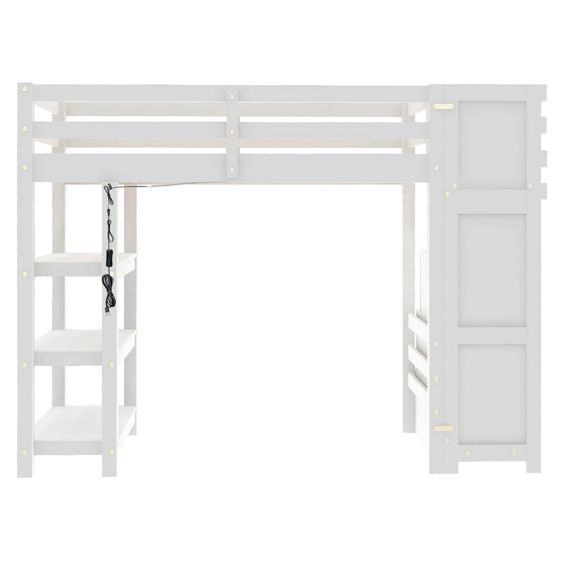 Letto a soppalco singolo con mensole, scala contenitore, piccolo armadio e luce LED bianca, bianco