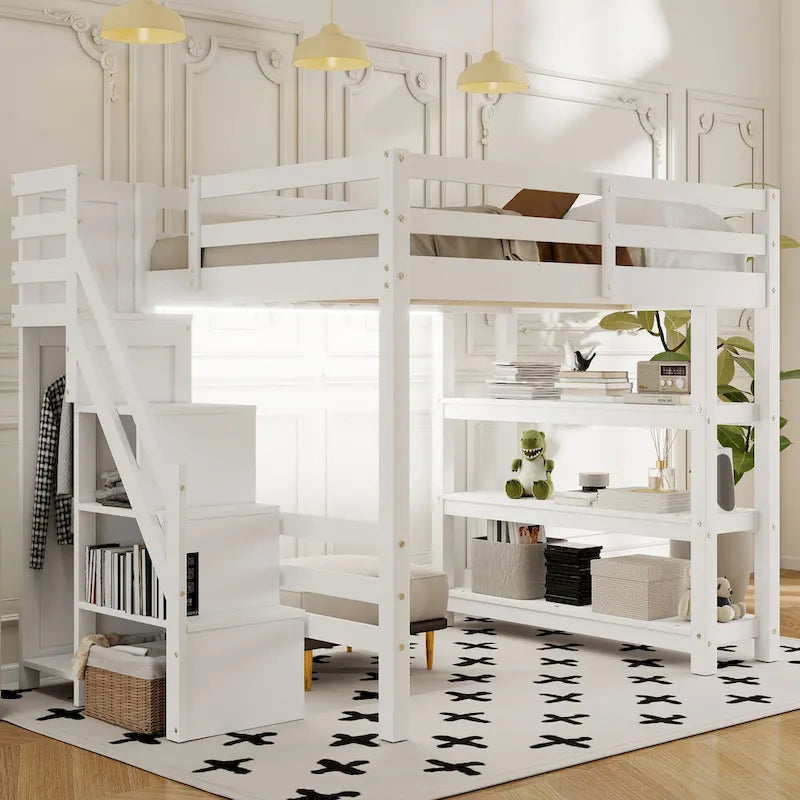 Letto a soppalco singolo con mensole, scala contenitore, piccolo armadio e luce LED bianca, bianco