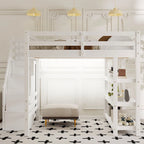 Letto a soppalco singolo con mensole, scala contenitore, piccolo armadio e luce LED bianca, bianco