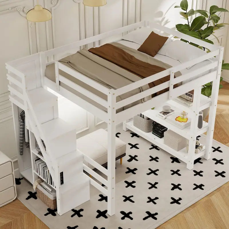 Letto a soppalco singolo con mensole, scala contenitore, piccolo armadio e luce LED bianca, bianco