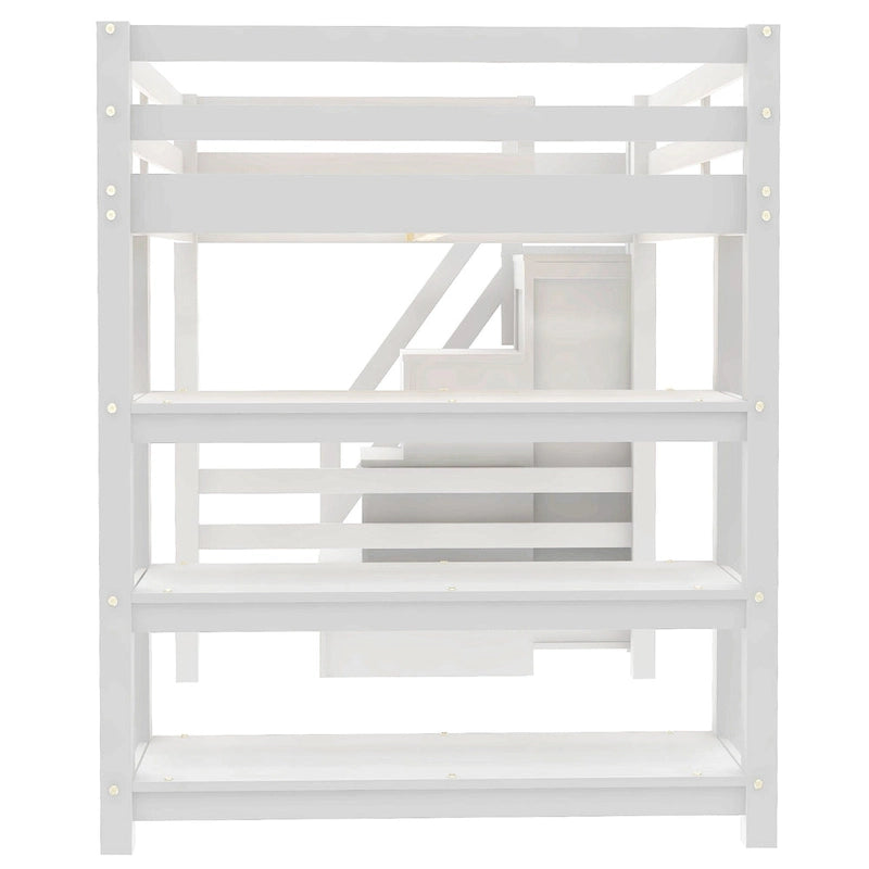 Letto a soppalco singolo con mensole, scala contenitore, piccolo armadio e luce LED bianca, bianco