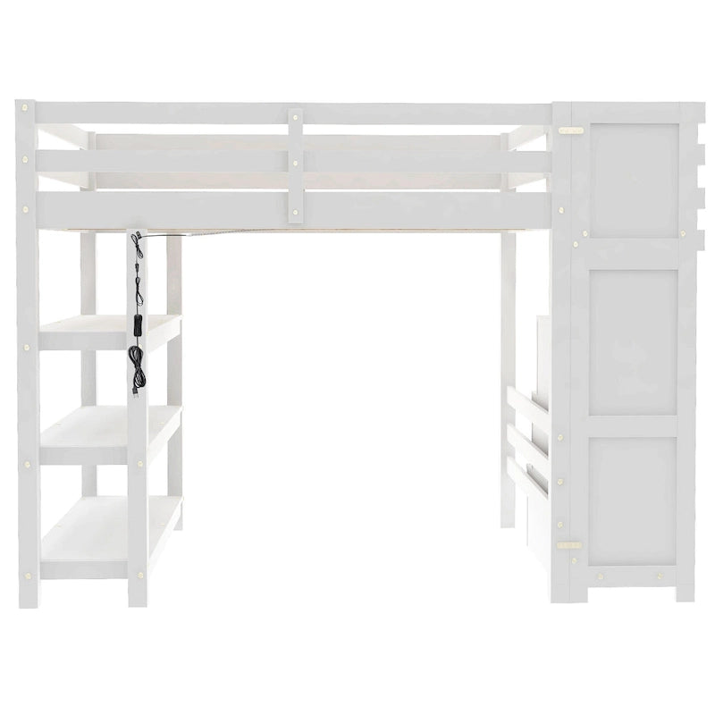 Letto a soppalco singolo con mensole, scala contenitore, piccolo armadio e luce LED bianca, bianco