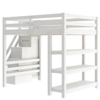 Modern Loft Bed with Shelves, Storage Staircase, Wardrobe & White LED Light