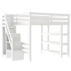 Letto a soppalco moderno con scaffali, scala-contenitore, armadio e luce LED bianca