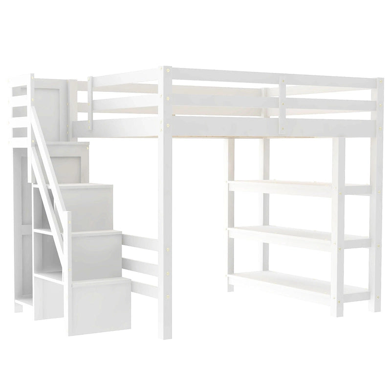 Letto a soppalco moderno con scaffali, scala-contenitore, armadio e luce LED bianca