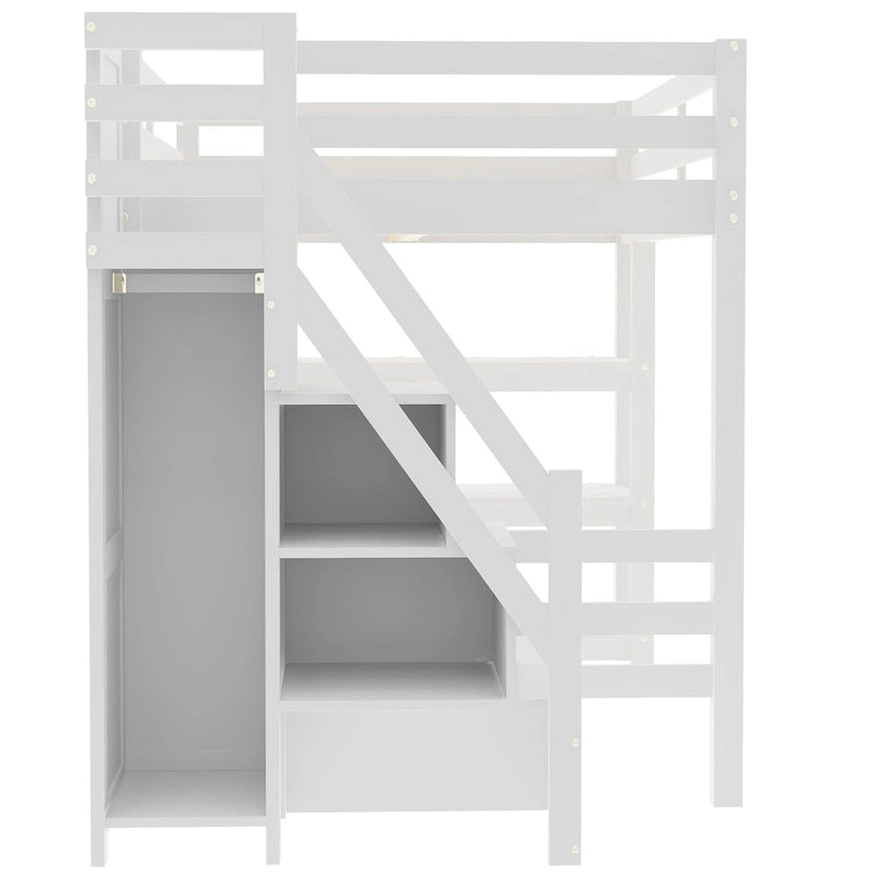 Letto a soppalco moderno con scaffali, scala-contenitore, armadio e luce LED bianca