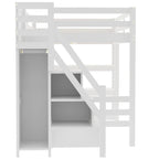 Letto a soppalco moderno con scaffali, scala-contenitore, armadio e luce LED bianca