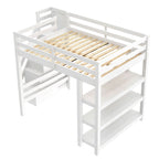 Letto a soppalco moderno con scaffali, scala-contenitore, armadio e luce LED bianca
