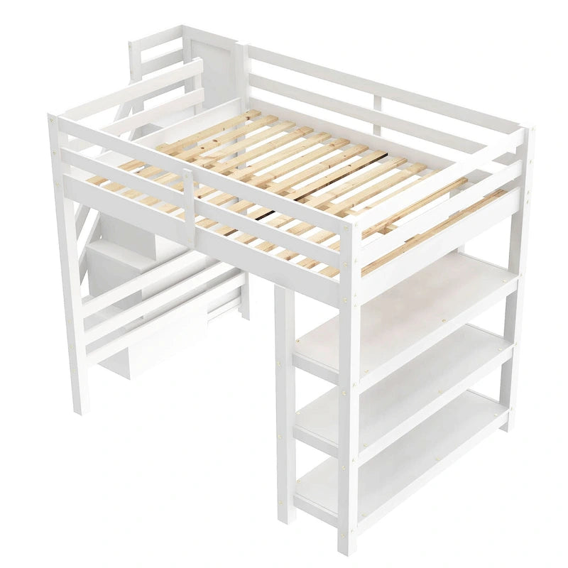 Letto a soppalco moderno con scaffali, scala-contenitore, armadio e luce LED bianca
