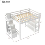 Letto a soppalco moderno con scaffali, scala-contenitore, armadio e luce LED bianca