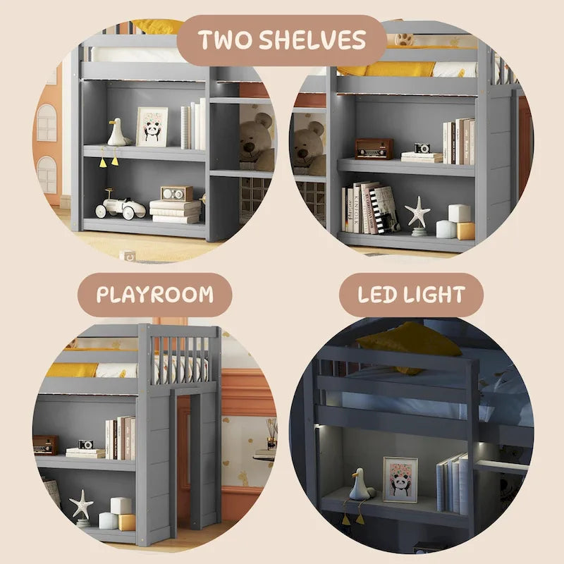 Letto rialzato basso per bambini Twin Size con mensole a due ripiani e luce LED