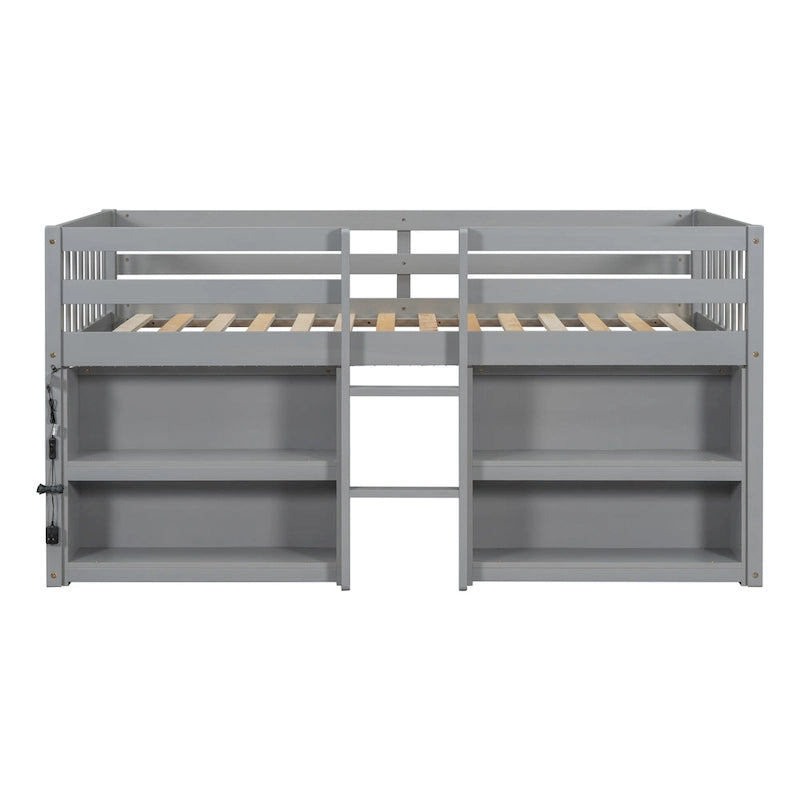 Letto rialzato basso per bambini Twin Size con mensole a due ripiani e luce LED