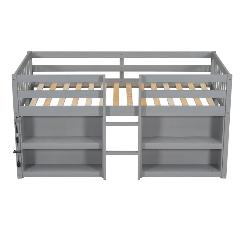 Letto rialzato basso per bambini Twin Size con mensole a due ripiani e luce LED