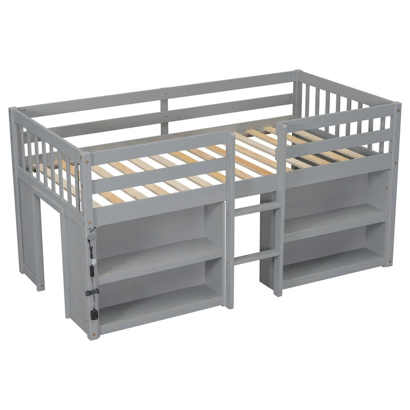 Letto rialzato basso per bambini Twin Size con mensole a due ripiani e luce LED