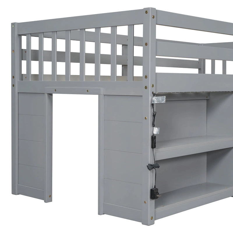 Letto rialzato basso per bambini Twin Size con mensole a due ripiani e luce LED