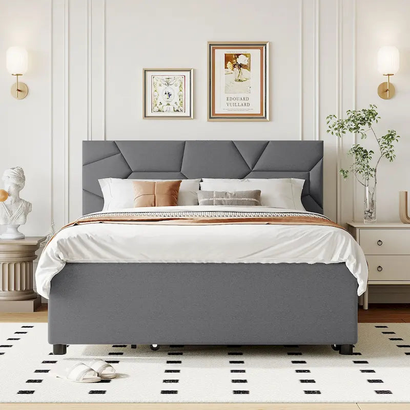 Struttura letto con testiera motivo mattoni, letto a piattaforma rivestito in tessuto lino, letto a pannello in legno con letto estraibile e 2 cassetti, letto a basso profilo
