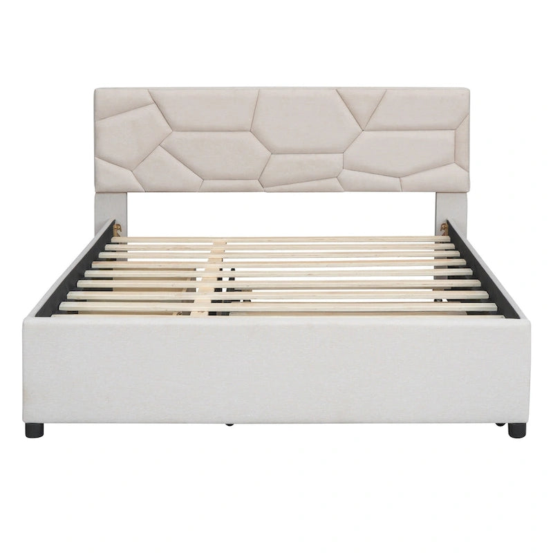 Struttura letto con testiera motivo mattoni, letto a piattaforma rivestito in tessuto lino, letto a pannello in legno con letto estraibile e 2 cassetti, letto a basso profilo