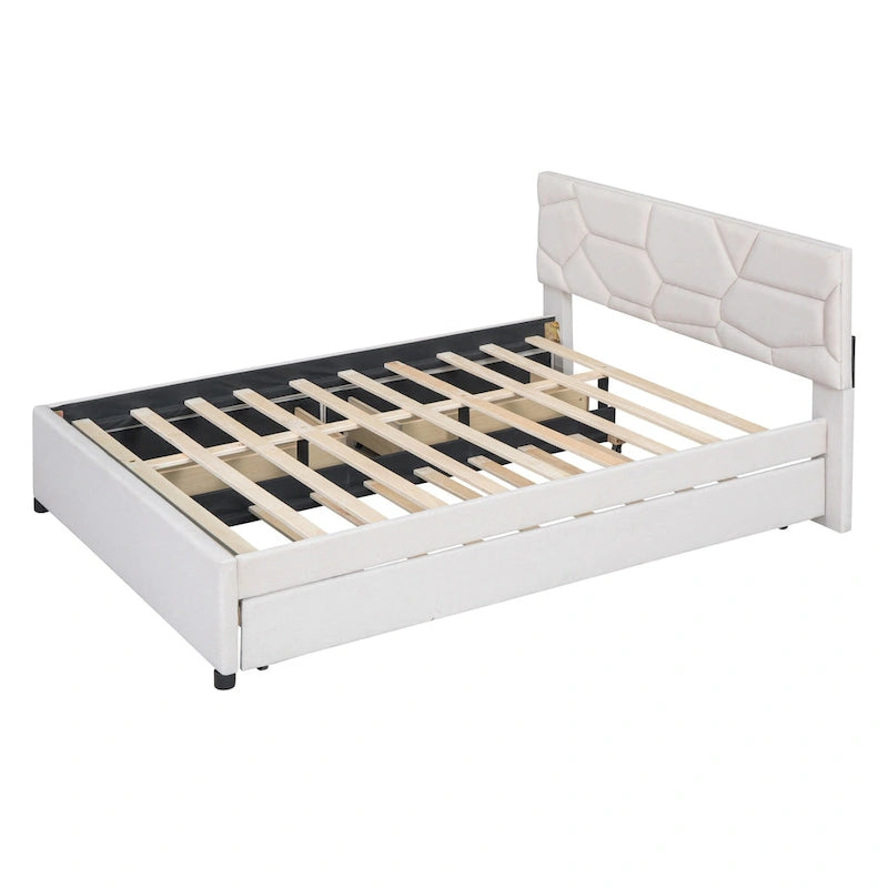 Struttura letto con testiera motivo mattoni, letto a piattaforma rivestito in tessuto lino, letto a pannello in legno con letto estraibile e 2 cassetti, letto a basso profilo