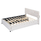 Struttura letto con testiera motivo mattoni, letto a piattaforma rivestito in tessuto lino, letto a pannello in legno con letto estraibile e 2 cassetti, letto a basso profilo
