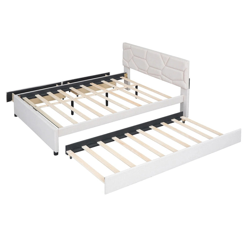 Struttura letto con testiera motivo mattoni, letto a piattaforma rivestito in tessuto lino, letto a pannello in legno con letto estraibile e 2 cassetti, letto a basso profilo