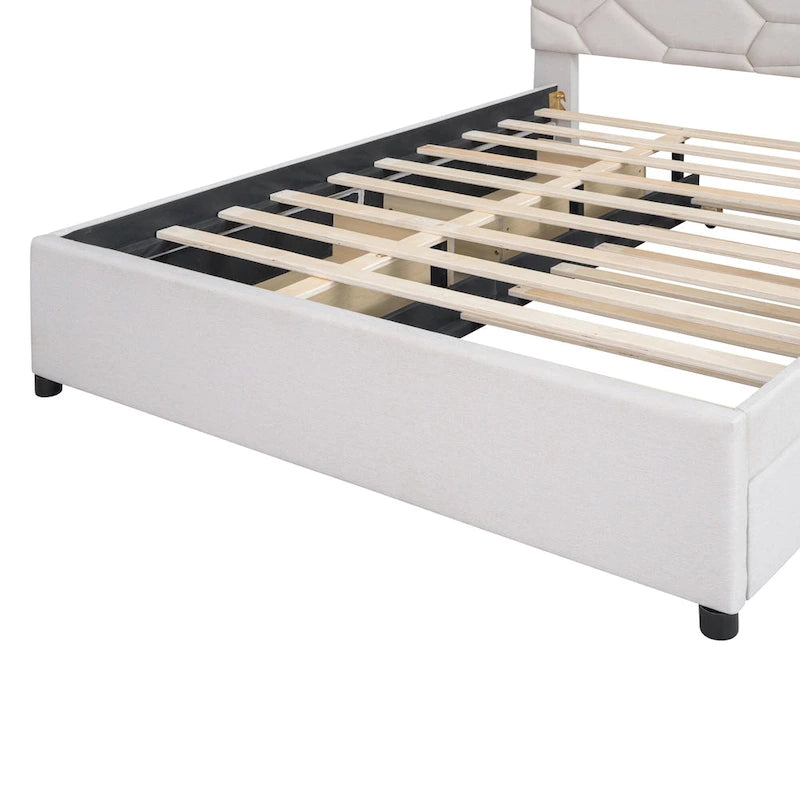 Struttura letto con testiera motivo mattoni, letto a piattaforma rivestito in tessuto lino, letto a pannello in legno con letto estraibile e 2 cassetti, letto a basso profilo