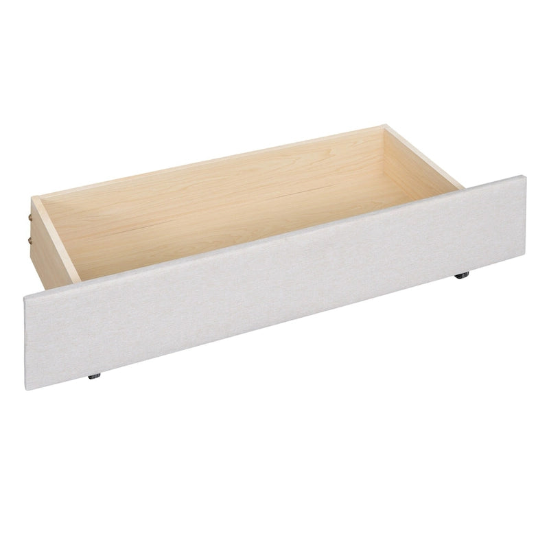 Struttura letto con testiera motivo mattoni, letto a piattaforma rivestito in tessuto lino, letto a pannello in legno con letto estraibile e 2 cassetti, letto a basso profilo