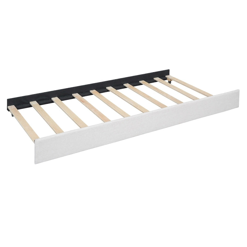 Struttura letto con testiera motivo mattoni, letto a piattaforma rivestito in tessuto lino, letto a pannello in legno con letto estraibile e 2 cassetti, letto a basso profilo