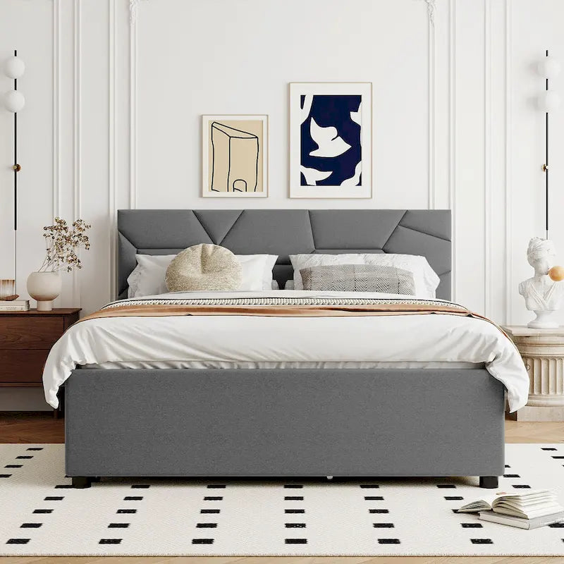 Struttura letto con testiera motivo mattoni, letto a piattaforma rivestito in tessuto lino, letto a pannello in legno con letto estraibile e 2 cassetti, letto a basso profilo