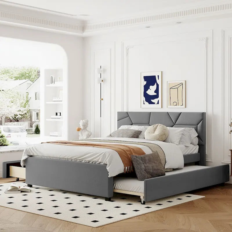Struttura letto con testiera motivo mattoni, letto a piattaforma rivestito in tessuto lino, letto a pannello in legno con letto estraibile e 2 cassetti, letto a basso profilo