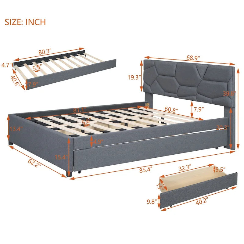 Struttura letto con testiera motivo mattoni, letto a piattaforma rivestito in tessuto lino, letto a pannello in legno con letto estraibile e 2 cassetti, letto a basso profilo