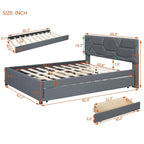 Struttura letto con testiera motivo mattoni, letto a piattaforma rivestito in tessuto lino, letto a pannello in legno con letto estraibile e 2 cassetti, letto a basso profilo