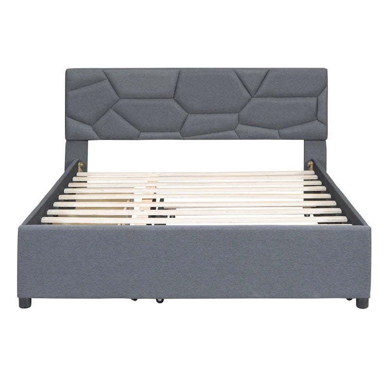 Struttura letto con testiera motivo mattoni, letto a piattaforma rivestito in tessuto lino, letto a pannello in legno con letto estraibile e 2 cassetti, letto a basso profilo