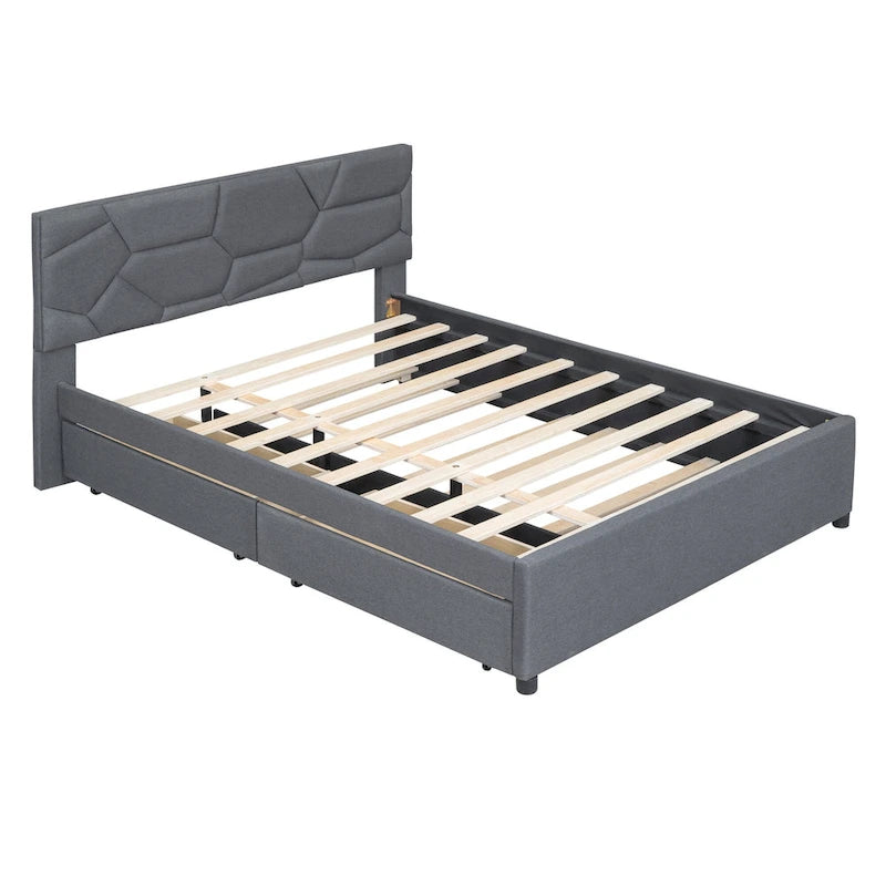 Struttura letto con testiera motivo mattoni, letto a piattaforma rivestito in tessuto lino, letto a pannello in legno con letto estraibile e 2 cassetti, letto a basso profilo