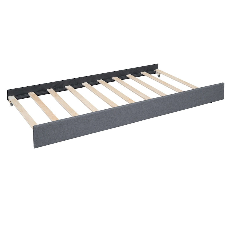 Struttura letto con testiera motivo mattoni, letto a piattaforma rivestito in tessuto lino, letto a pannello in legno con letto estraibile e 2 cassetti, letto a basso profilo