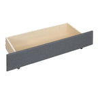 Struttura letto con testiera motivo mattoni, letto a piattaforma rivestito in tessuto lino, letto a pannello in legno con letto estraibile e 2 cassetti, letto a basso profilo