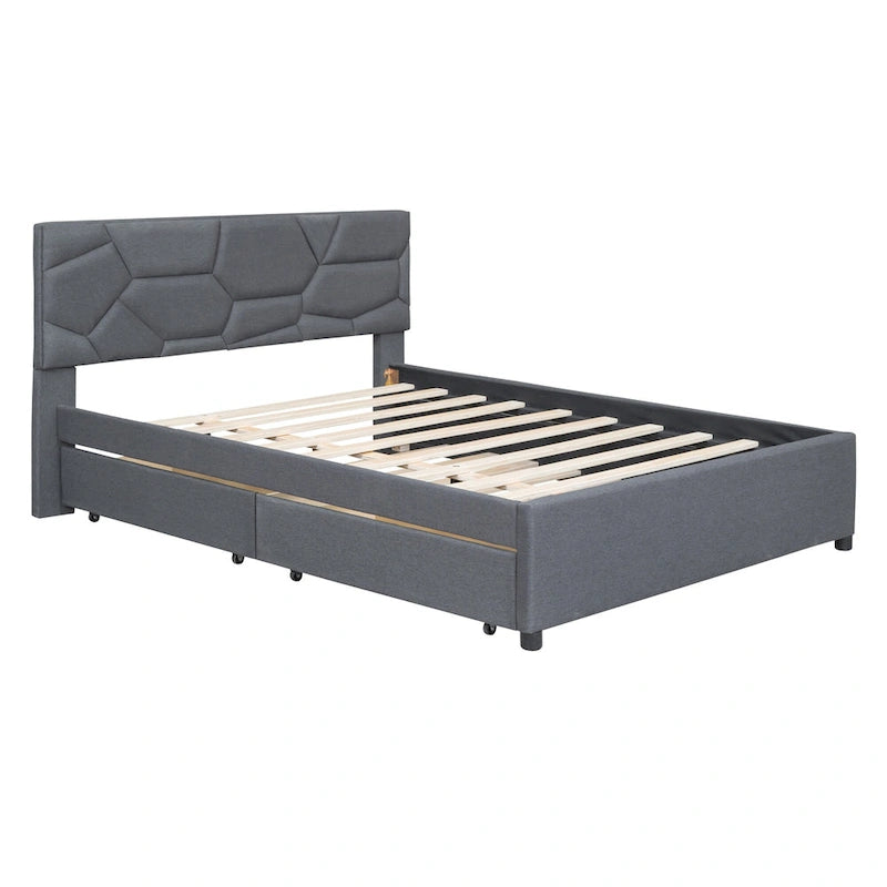 Struttura letto con testiera motivo mattoni, letto a piattaforma rivestito in tessuto lino, letto a pannello in legno con letto estraibile e 2 cassetti, letto a basso profilo