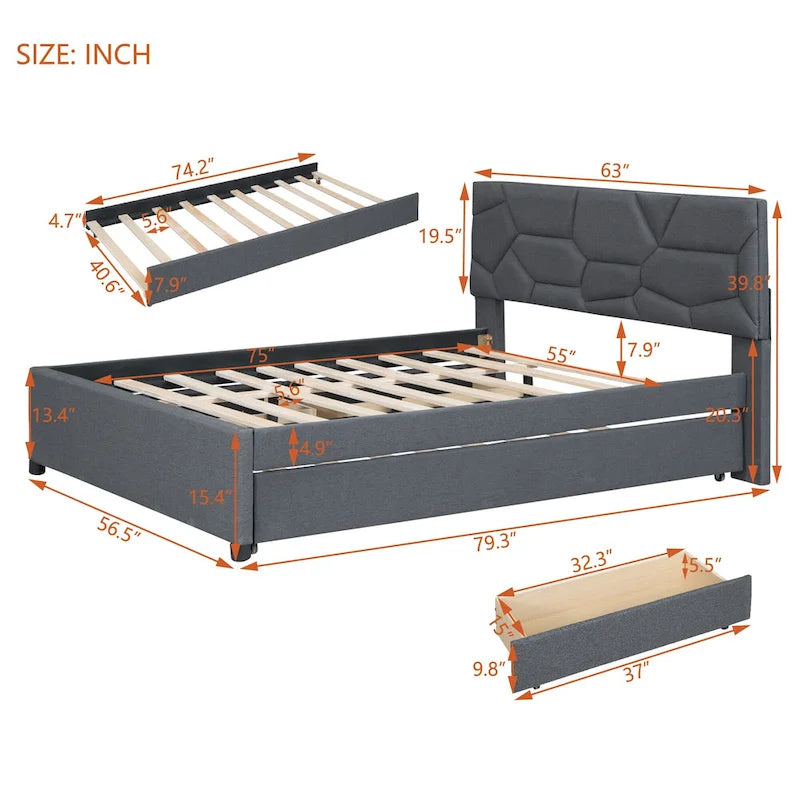 Struttura letto con testiera motivo mattoni, letto a piattaforma rivestito in tessuto lino, letto a pannello in legno con letto estraibile e 2 cassetti, letto a basso profilo