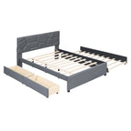Struttura letto con testiera motivo mattoni, letto a piattaforma rivestito in tessuto lino, letto a pannello in legno con letto estraibile e 2 cassetti, letto a basso profilo