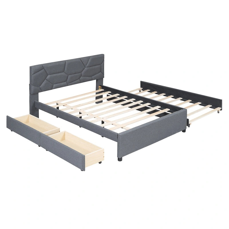 Struttura letto con testiera motivo mattoni, letto a piattaforma rivestito in tessuto lino, letto a pannello in legno con letto estraibile e 2 cassetti, letto a basso profilo