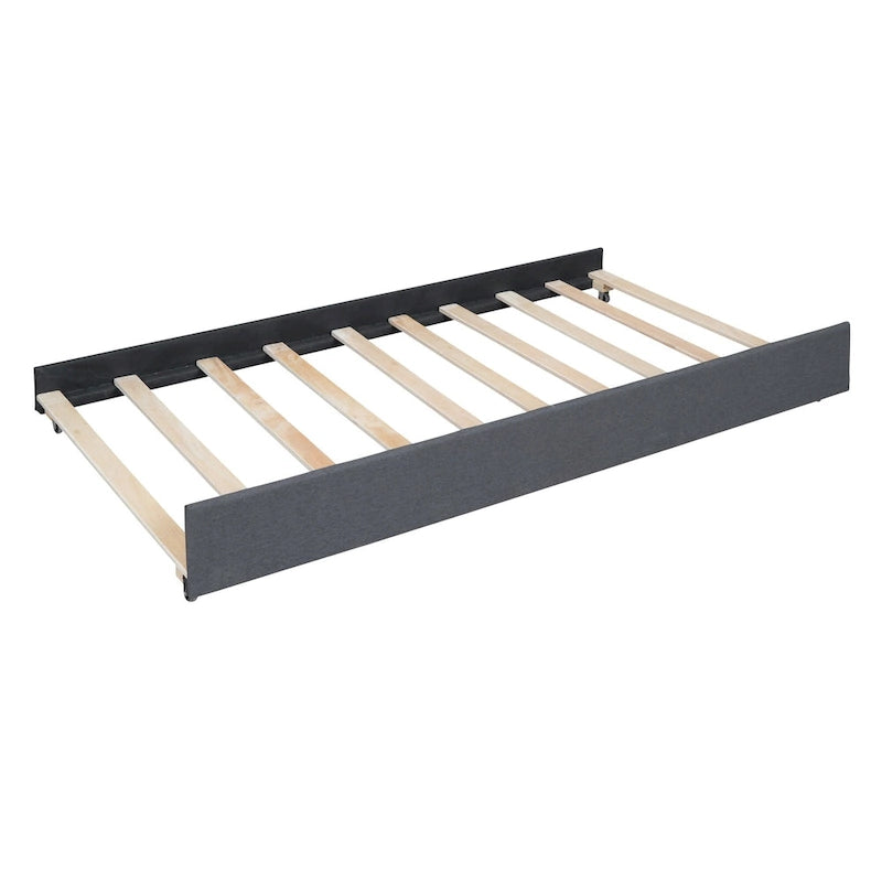 Struttura letto con testiera motivo mattoni, letto a piattaforma rivestito in tessuto lino, letto a pannello in legno con letto estraibile e 2 cassetti, letto a basso profilo