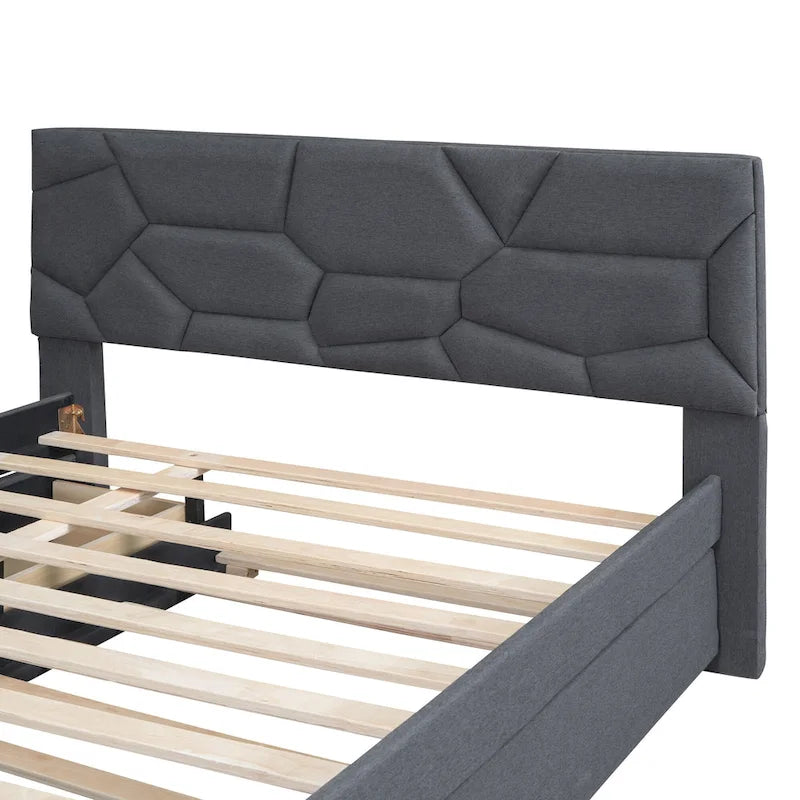 Struttura letto con testiera motivo mattoni, letto a piattaforma rivestito in tessuto lino, letto a pannello in legno con letto estraibile e 2 cassetti, letto a basso profilo