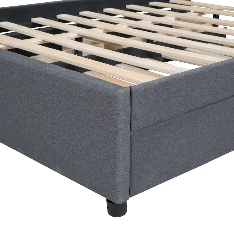 Struttura letto con testiera motivo mattoni, letto a piattaforma rivestito in tessuto lino, letto a pannello in legno con letto estraibile e 2 cassetti, letto a basso profilo