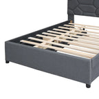 Struttura letto con testiera motivo mattoni, letto a piattaforma rivestito in tessuto lino, letto a pannello in legno con letto estraibile e 2 cassetti, letto a basso profilo