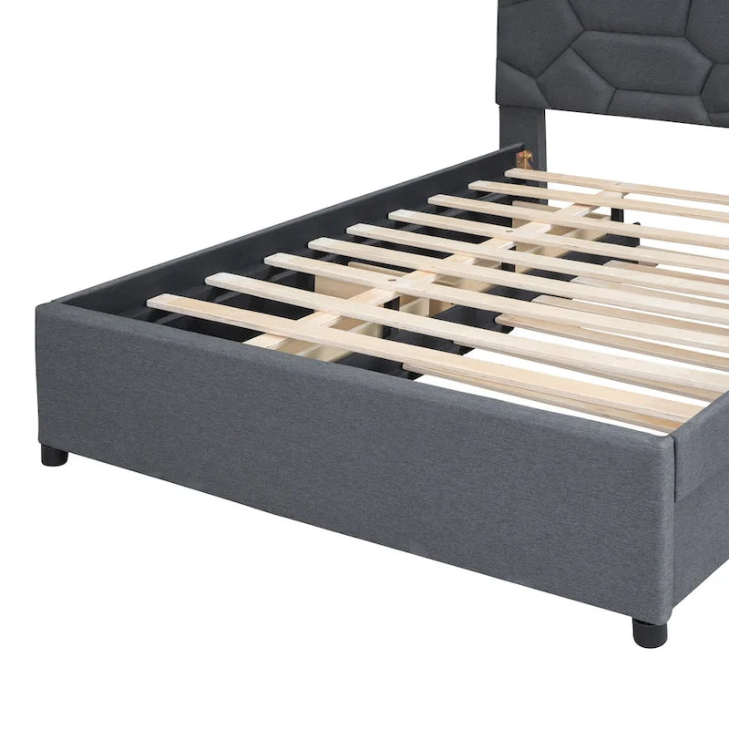 Struttura letto con testiera motivo mattoni, letto a piattaforma rivestito in tessuto lino, letto a pannello in legno con letto estraibile e 2 cassetti, letto a basso profilo