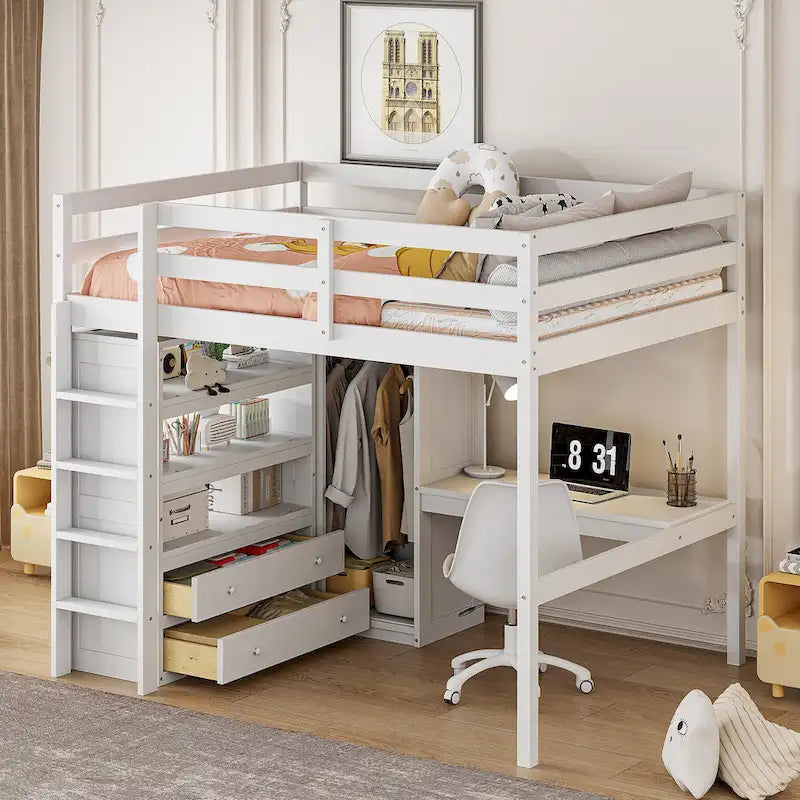 Letto a soppalco in pino massiccio con scrivania integrata e armadio, mensole e 2 cassetti, sponde di sicurezza a tutta lunghezza