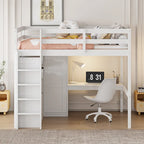 Letto a soppalco in pino massiccio con scrivania integrata e armadio, mensole e 2 cassetti, sponde di sicurezza a tutta lunghezza