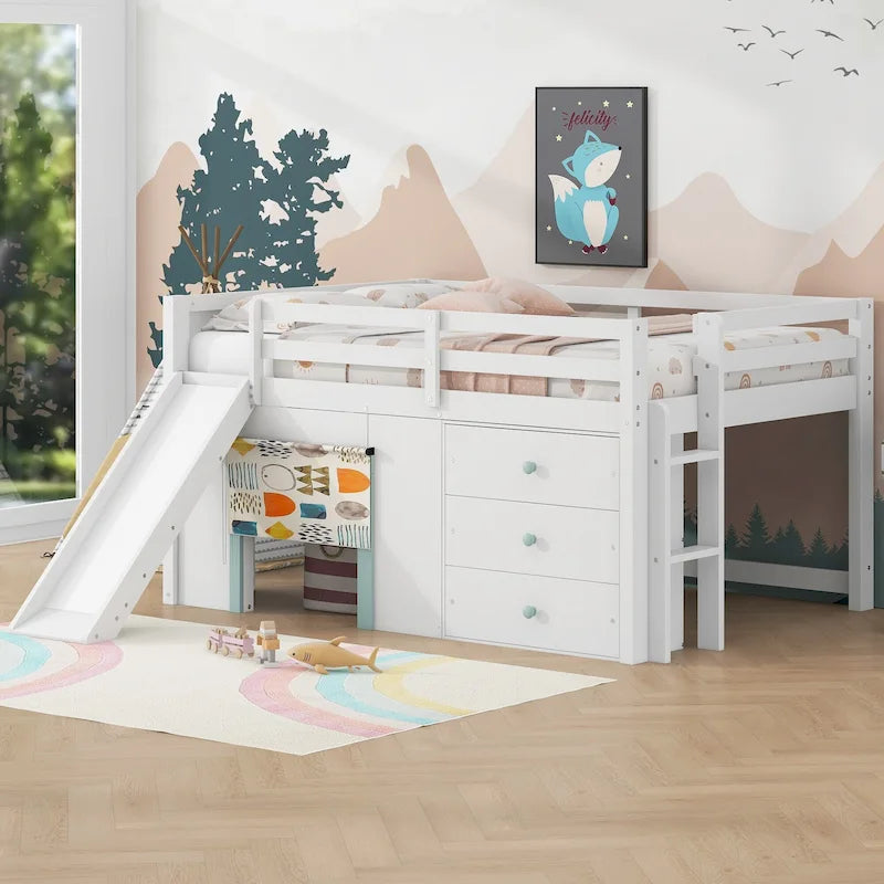 Letto a Soppalco Basso Full Size con Scivolo Incorporato, Struttura del Letto in Legno Massello con 3 Cassetti Portaoggetti e 2 Ante per Camera da Letto di Bambini e Ragazzi