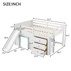 Letto a Soppalco Basso Full Size con Scivolo Incorporato, Struttura del Letto in Legno Massello con 3 Cassetti Portaoggetti e 2 Ante per Camera da Letto di Bambini e Ragazzi